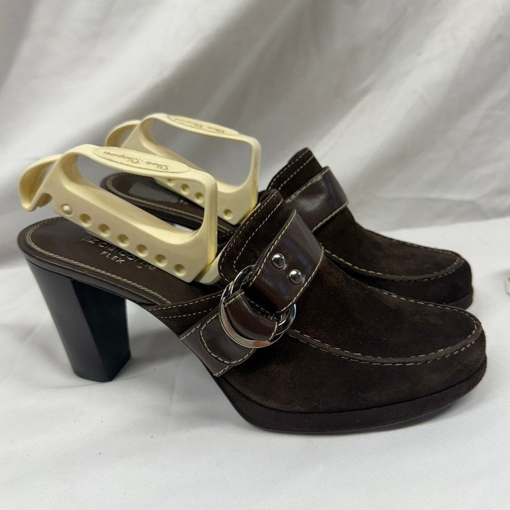 Vintage 90s Liz Claiborne Flex Brown Suede Leather Buckle Block Heel Mules Clogs